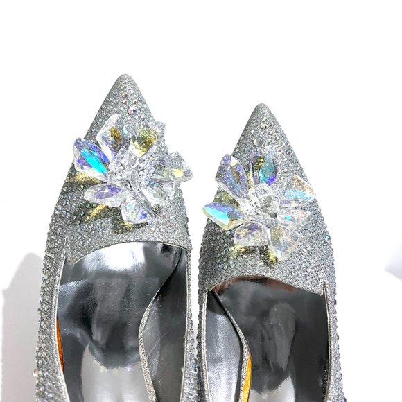 Geyunya Glitter Silver Sparkle Crystal Effect Cinderella Bridal Prom Heels - Picture 12 of 17